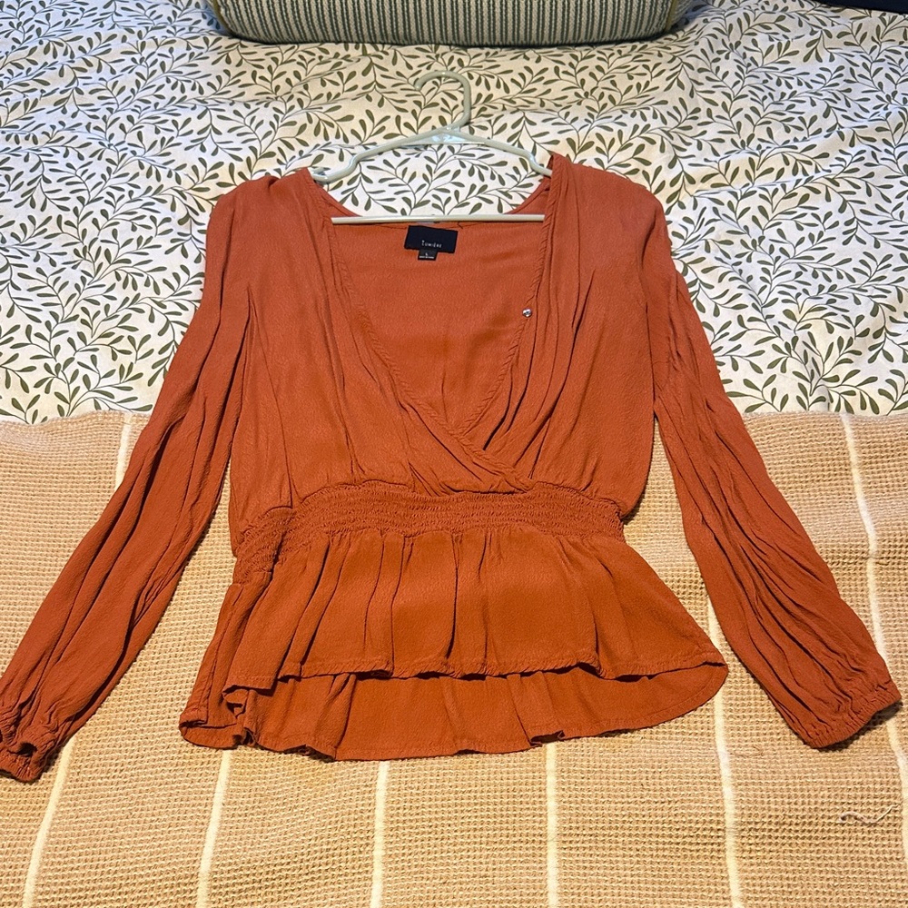 Express Terracotta Long Sleeve Wrap Blouse